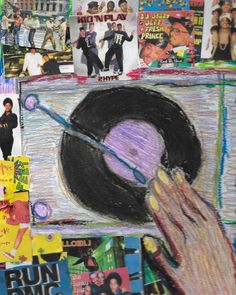 a collage of various pictures and drawings with someone holding a record in front of them