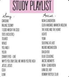 a pink and white poster with the words study playlist written in black on it