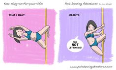 two cartoon images with the same woman doing pole dancing