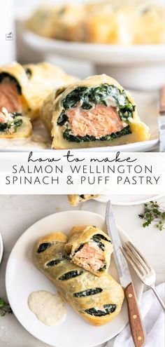 salmon wellington spinach and puff pastry on a plate