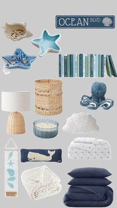 an assortment of blue and white items are arranged in the shape of stars, shells, seashells