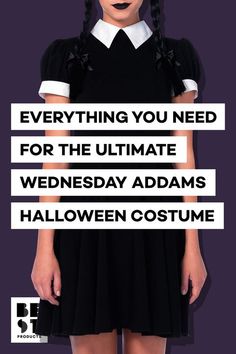 a girl in a black dress and white collared shirt with words over her head