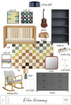 a room with furniture and accessories in it, including a crib, bookshelf,