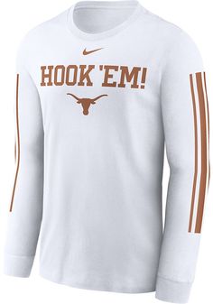 Show off your team pride in this Texas Longhorns White Two Hit Long Sleeve T Shirt! This Texas Long Sleeve Tee features a screenprint team logo across chest and down sleeves. Make sure everyone knows you root for the Longhorns with this White Texas T Shirt. Hook Em Horns! Team logo on center chest, Nike logo on front, Long sleeves, Ribbed cuffs, Tagless collar, Fit: True to Size, 100% COTTON, Machine Washable, 4 Texas T Shirt, Hook Em Horns, New York City Fc, Jersey Hat, Nba Hats, Sporting Kansas City, Texas Longhorns, Hat Shop, Shirt White