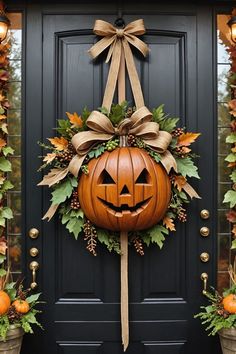 a door decorated with pumpkins and greenery