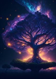 a tree that is in the middle of a night sky with stars and lights around it