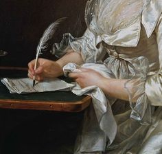 a painting of a woman writing on a piece of paper with a quill in her hand