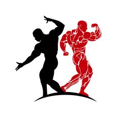 two bodybuilding silhouettes, one with his arm raised and the other holding something in his hand