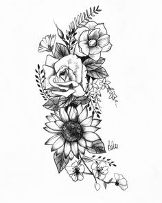 a black and white drawing of flowers with leaves on the lower half of the arm