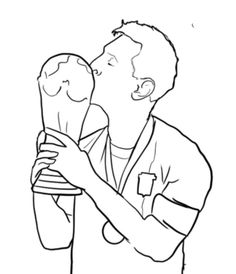 a drawing of a man holding a soccer ball in one hand and an object in the other