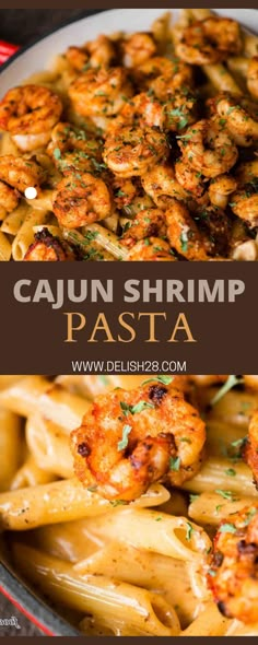 cajun shrimp pasta in a skillet with text overlay