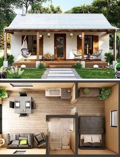 two pictures of small houses in the same area, one has a porch and another has an open floor plan