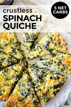 spinach quiche with text overlay that reads crustless spinach quiche