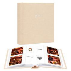 an open book with photos inside it