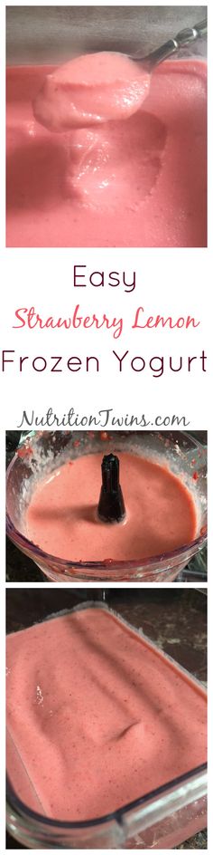 strawberry lemon frozen yogurt in a glass bowl with the words, easy strawberry lemon frozen yogurt