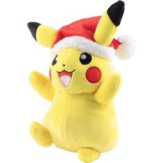 a stuffed pikachu with a santa hat on it's head and arms in the air