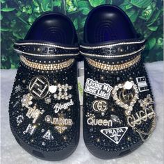 Blinged Out Black Crocs Customized Crocs Shoes, Bedazzled Shoes, Black Crocs, Crocs Black, Custom Made Shoes, Women's Crocs, Girly Accessories, Black On Black, Crocs Shoes