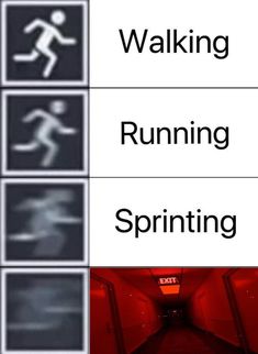 an exit sign with the words walking, running, and sprinting