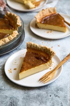 three plates with slices of pie on them