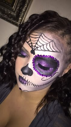 purple sugar skull ~ makeup. I love this look so much! Purple Day Of The Dead Makeup, Purple Skeleton Makeup, Purple Catrina Makeup, Purple Sugar Skull Makeup, Purple Skull Makeup, Candy Skull Makeup, Purple Sugar Skull, Advanced Makeup