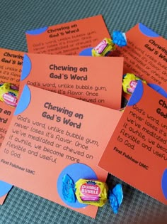 four candy bar cards with the words chewing on god's word written in them