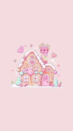 a pink background with a house and hearts on the roof, surrounded by snowflakes