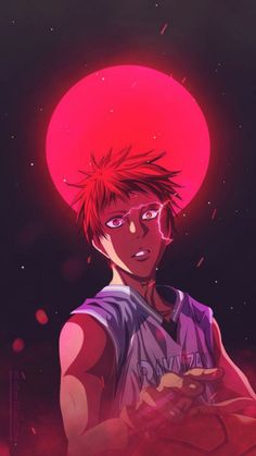 a young man with red hair and glasses standing in front of a bright red sun