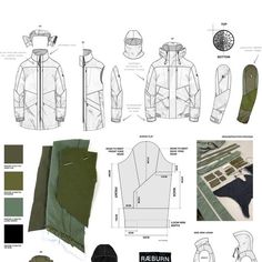 the design process for an army green jacket with hoods and zippers on it