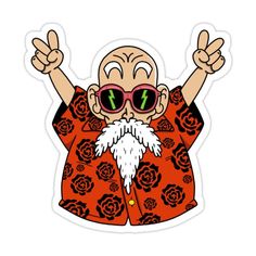 an old man wearing sunglasses and a red shirt with his hands up in the air