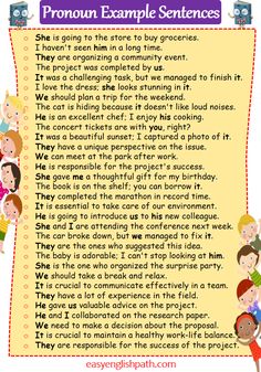 a poem with children on it that says, pronoun example sentences