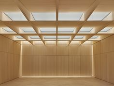 an empty room with wood paneling and skylights