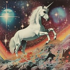 an image of a unicorn on the moon with stars and planets in the sky behind it