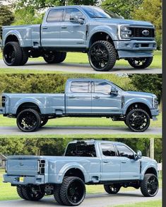 four different views of the front and rear sides of a blue truck with black wheels