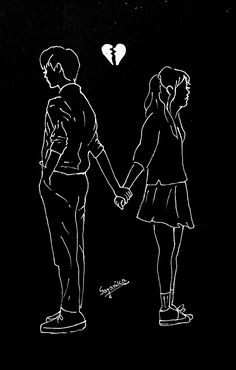 a drawing of two people holding hands in front of a heart shaped light on a black background