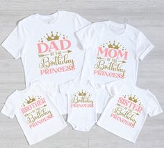 three matching shirts with the words,'dad of the birthday princess'in gold and pink