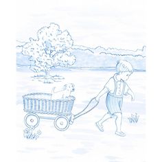 a drawing of a boy pulling a dog in a wagon