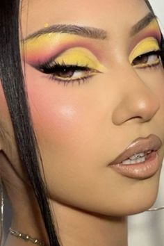 Pink And Yellow Makeup, Practice Makeup, Flawless Face Makeup, Yellow Eye Makeup, Artsy Makeup, Skin Tone Makeup, Barbie Hairstyle, Face Beat Makeup