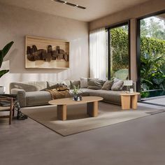 a living room filled with furniture next to a sliding glass door that leads to a pool