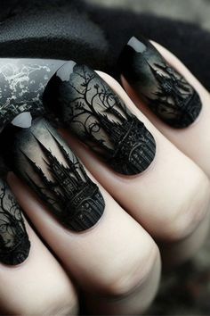 Gothic Romance Nails, Black Nails Inspiration Nailart, Gothic Nail Designs, Best Nails Design, Inner Darkness, Lace Nail Art, Unghie Sfumate, Art Designs Ideas, Gothic Nails