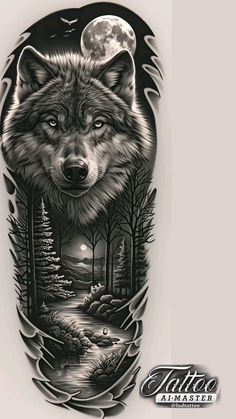 an image of a wolf in the woods with moon and trees on his back leg