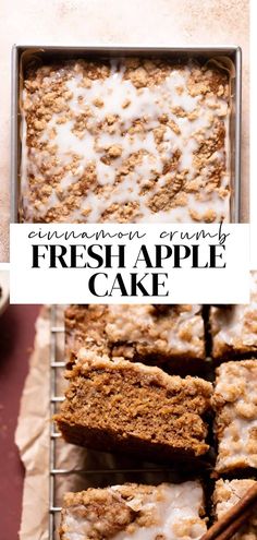 cinnamon crunch fresh apple cake on a cooling rack with the words, cinnamon crunch fresh apple cake