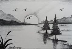 a drawing of trees and water with birds flying over it