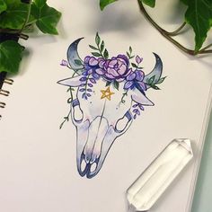 a drawing of a cow skull with flowers on it