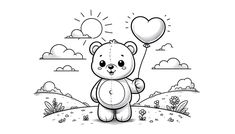 a teddy bear holding a heart shaped balloon in the sky with clouds and sun behind it