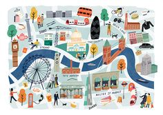 an illustrated map of london with people walking and sights around the city, including big ben