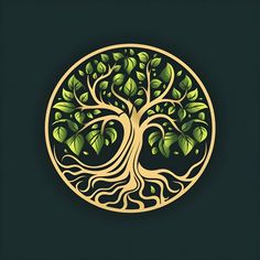 a golden tree with green leaves in a circle on a black background, symbolizing the growth of trees