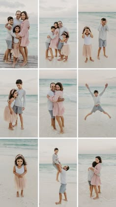 multiple pictures of people standing in the sand at the beach with their arms around each other