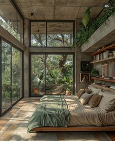 a bedroom with lots of windows and plants on the walls, along with a large bed