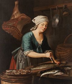 a painting of a woman peeling fish in a kitchen