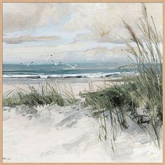 a painting of sea oats and sand dunes on the beach with birds flying in the sky